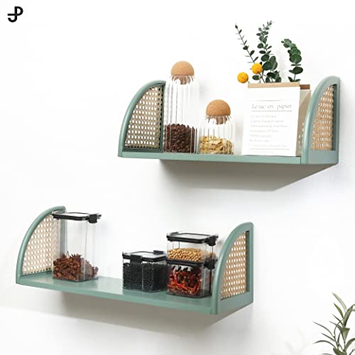 [Pj Collection] Decorative Wooden Wall Shelf With Rattan, Set Of 2, Floating Shelves, Wall Mount, Wall Shelf, Rustic Wood Wall Storage Shelves, Sturdy Floating Shelves (Green)… #TOP3