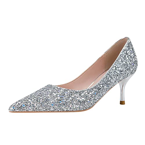 JOEupin Women's Fashion Glitter Sequins Pointed Toe Low Heel Pumps Wedding Dress Office Shoes