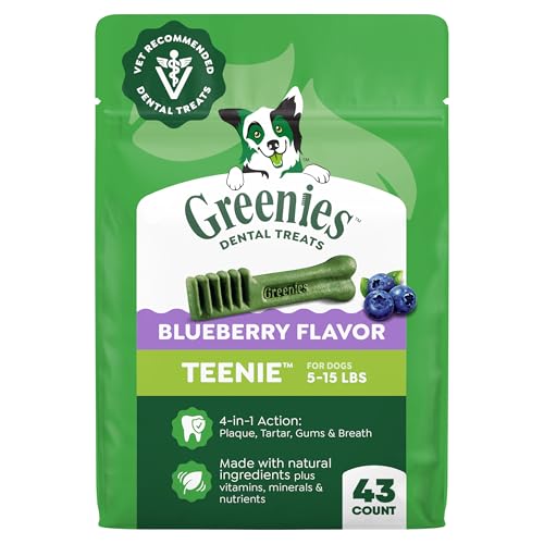 Greenies Dog Treats Veterinarian-Recommended Natural Dental Treats for Dogs, Teenie Size, Blueberry Flavor, 12 oz. Packs, 43 Count