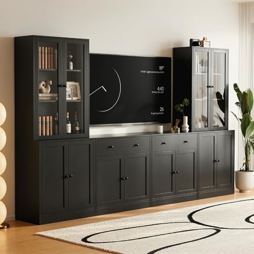 TUSY 71" TV Stand Storage Set - 2 Tall Bookcases & 2 Side Cabinets, Media Console with Glass & Wood Doors, Entertainment Center with Drawers, Tall Media Console for Living Room (Black, AEEA)