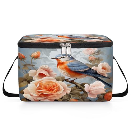 GzLeyigou Robin Flower Lunch Bags for Women Men 9 Cans, Hot & Cold Food Delivery Bag Insulated Grocery Bag Insulated Lunch Box Robin Bird Cooler Bag for Office Work Picnic Beach