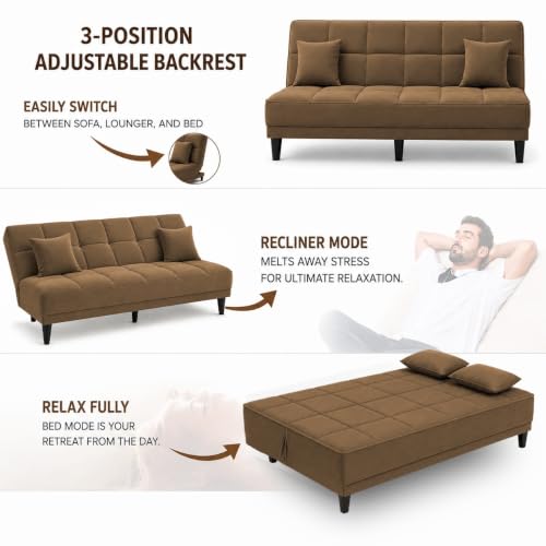 Image of Adorn India Alyssum 3 Seater Sofa Cum Bed 4X6 Velvet 2 Cushions (Color Camel) and Suitable for All Indoor, with 3 Years Warranty