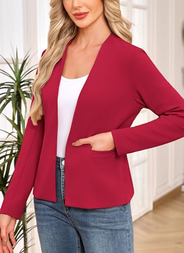 Women's Casual Stretchy Knit Blazer Lightweight Slim Fit Jackets Long Sleeve Business Suit with Pockets Red4