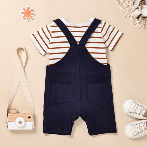 Image of Baby Boy Clothes Striped Romper Cartoon Overall Set 0-18M | Soft Breathable Cotton Romper And Animal Cartoon Overall Shorts Set Offering All-Day Comfort, Daily Wear, Machine Washable