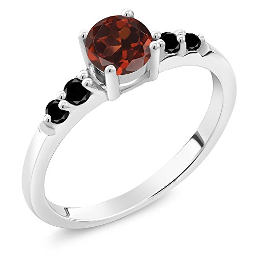Gem Stone King 925 Sterling Silver Round Red Garnet and Black Diamond Engagement Ring For Women (0.73 Cttw, Available 5,6,7,8,9)