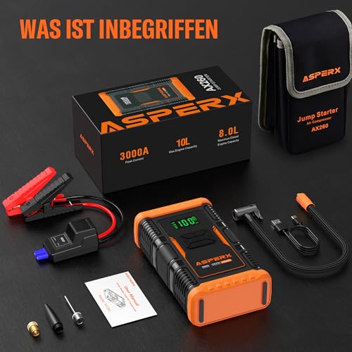 Integrierter 150 PSI Reifenkompressor der AsperX Powerbank füllt 19-Zoll-Autoreifen präzise auf