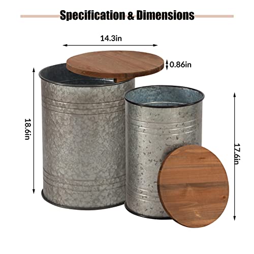 Poofzy Farmhouse End Tables Set Of 2, Galvanized Metal Decor Side Table With Wood Lid, Coffee Table Storage Stool For Living Room (Grey) #TOP2
