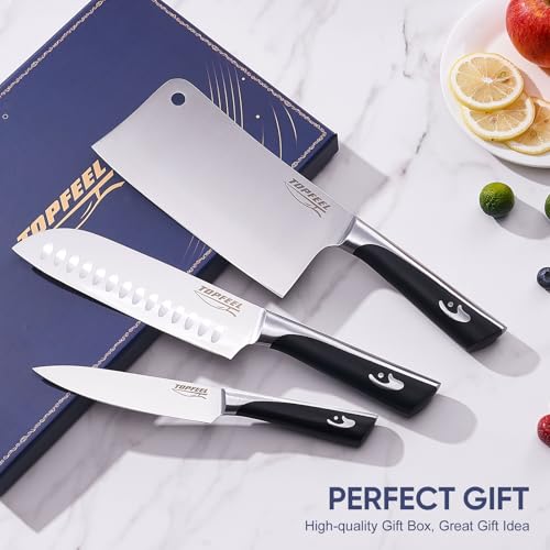 Image of Topfeel Butcher Knife Meat Cleaver Set 3Pcs-7 inch Heavy Duty Bone Chopper& 7 inch Santoku Knife& 5 inch Utility Knife, German Stainless Steel Chef Knives Set for Kitchen Home Gift