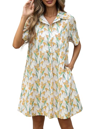 Image of LifeShe Summer Floral Dress Women's Printed Casual Sundress Short Sleeve Button Up Shirt Dresses with Pockets