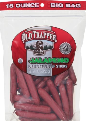 Image of Old Trapper Deli-Style Beef Sticks, Jalapeno Flavor, 15-Ounce Package, Spicy Beef Sticks, 6gms of Protein and Zero Grams of Sugar per Serving (Pack of 2)
