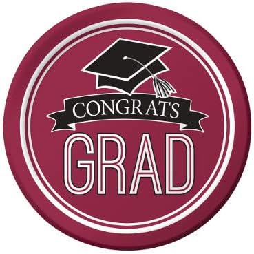 Creative Converting Club Pack Graduation School Spirit Burgundy Color Printed 7in Round Paper Plates, Box of 180 Printed Plates