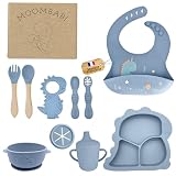 MOOMBABI Set Repas Bébé 10 Pièces, Assiette Ventouse, Bol Cuillère, Bavoir Silicone, Couverts Vaisselle pour Sevrage Enfant