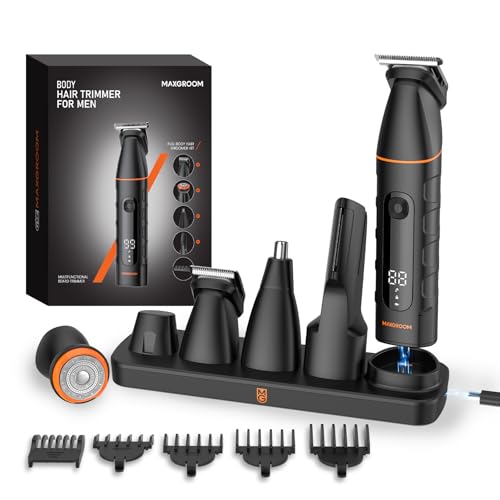 MAXGROOM Afeitadora Corporal Masculina 5 en 1, IPX6 Depiladora Corporal Hombre, Apto para Nariz, Barba, Cabello y Zonas íntimas, Cabezal de cuchilla magnético reemplazable, Fácil de limpiar