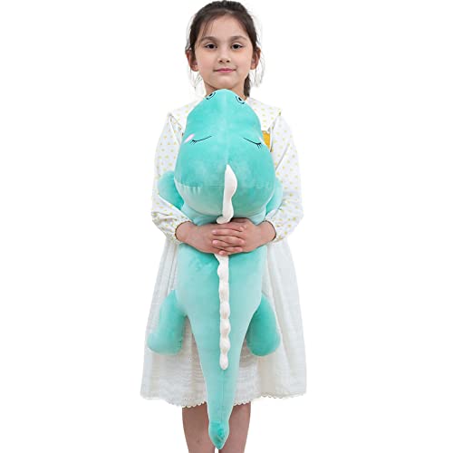 Aiuidun Plüschtier Dinosaurier Kuscheltier Stofftier Plüschkissen,Lange Dino Plüsch Spielzeug Umarmungskissen Lumbar Rückenkissen Puppe Geschenke für Kinder (80cm, Green - Happy)