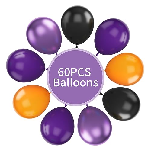 Image of FunHot Halloween Party Balloons, 60Pcs Black Purple Orange Balloons, 12 Inch Metallic Purple Black Latex Balloons Purple Orange Party Balloons Helium for Kids Halloween Birthday Decorations Indoor