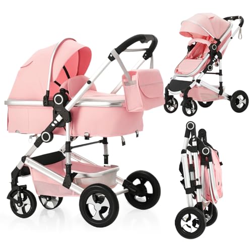 Image of TODECARE 2 in 1 Baby Stroller, Convertible Pushchair Stroller w/Reversible Seat, Foldable Newborn Pram Carriage, Adjustable Canopy, Storage Basket, Diaper Bag & Cup Holder, 0-36 Months, Pink