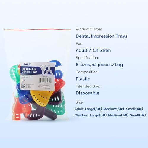 Image of JMU 12 Pcs Dental Impression Trays, 6 Sizes for Adult and Child | Perforated Disposable Impression Trays, Plastic Teeth Holder, Plastic
