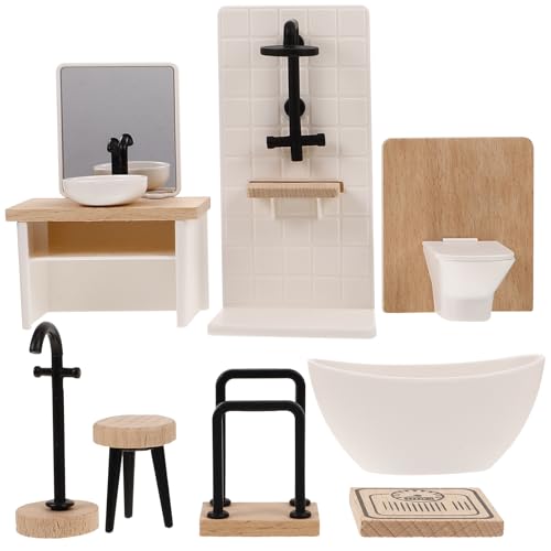 Dollhouse Bathroom Set Mini Shower Room: Bathtub, Toilet, Towel Rack, Sink with Mirror and Washbasin, 1 12 Scale Dollhouse Furniture and Accessories...