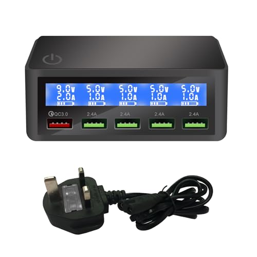 50W USB Multi Charger Station with LCD Display 5-Port USB Charger support Quick Charge 3.0 Fast Charge Multiport USB Charging Hub Mains Powered with UK Plug for Multiple Devices.(iLepo,Black)