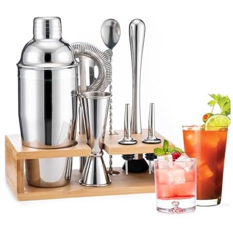 BRIOUT Cocktail Shaker Set, 8-Piece Bartender Kit Include Stand Martini Shaker Jigger Strainer Muddler Mixer Spoon Pour Spouts, Home Bar Accessories Tools for Drinks Mixing, Stainless Steel Silver Cover