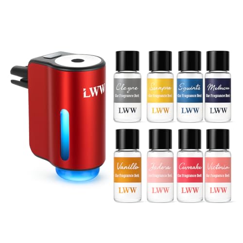 LWW Smart Car Air Freshener - 3 Levels Strength with Ventilation Clip, Rechargeable Car Fragrance Atomizer - with 8 10ml Bottles of Fragrance, Long Lasting Oil Diffuser (Red)