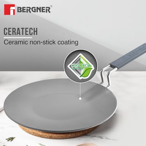 Image of BERGNER Tri-Ply Argent Ceramica 28cm Roti Tawa with Ceramic Coating, Non-Stick Large Roti Tawa with Stay Cool Handle, PFOA Free, Durable, Food Safe, Even and Faster Heating - Induction Compatible