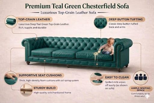 Image of Modern Classic Design Leatherette Luxury Chester Sofa Set with Button Tufted, Sofa for Living Room Home, Office, Hotel, Restaurant, and Lobby Living Room Set (Tel Green, 3+2=5 Seater Sofa)