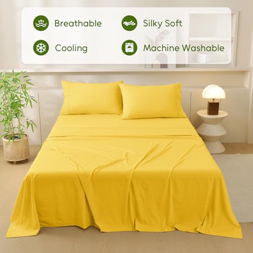 MCO Cooling Twin Sheet Set, Rayon Derived from Bamboo Sheets, Luxury & Silky Bedding Set with 16" Deep Pocket (Twin, Yellow) — view 4