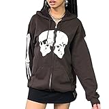 Material: Damenmode Y2K Bekleidung Streetwear ist aus Polyestergewebe, leicht und weich, atmungsaktiv und glatt, bequem und hautfreundlich, knittert nicht leicht und verformt sich nicht. Vintage Graphic Zip Up Hoodie für Frauen, Frauen Totenkopf Skelett Print Hoodies Zip Up Jacke Vintage Oversized Langarm 90er Y2K Hoodie Sweatshirt, Frauen Y2K Oversized Hoodie Sweatshirt, Reißverschluss Jacke Vintage Oversized Hoodie Sweatshirt, Langarm 90er Jahre Y2K Ästhetischer Hoodie Top, e-Girls Loose Fit Mantel Langarm Hoodie