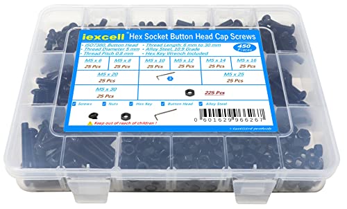 iExcell 450 Pcs M5 x 6 8 10 12 14 16 20 25 30 mm Alloy Steel 10.9 Grade Hex Socket Button Head Cap Screws Bolts Nuts Assortment Kit, Black Oxide Finish