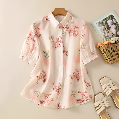 Image of Gufrina Women's Pink Floral Printed Button Down Western Shirt with Collared Neck and Half Sleeves in Relaxed Fit Style