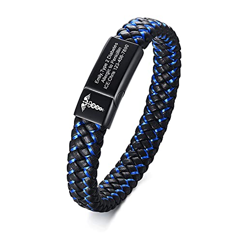 VNOX Blue/Black Braided Leather Cuff Bangle Medical ID Bracelet for Men