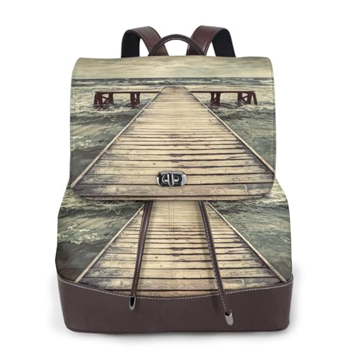 Sac à dos ordinateur portable unisexe en cuir noir imprimé côtier taille unique pour voyage