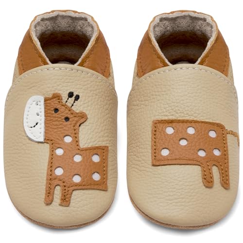 IceUnicorn Krabbelschuhe Baby Lauflernschuhe Jungen Mädchen Weicher Leder Babyhausschuhe Kleinkind Rutschfeste Lederschuhe Baby(Beige Giraffe, 6-12 Monate)