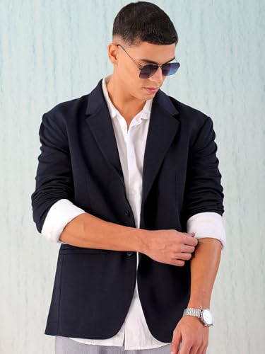 Image of The Indian Garage Co Men Comfort Straight Fit Solid Stretchable Single Breated Knitted Blazers