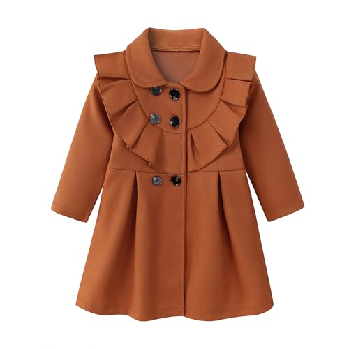 Image of USKIDKK Toddler Baby Girl Clothes Jacket Coat Long Sleeve Flounce Ruffle Buttons Dress Coat Fall Winter Outfit (Brown,4-5T)
