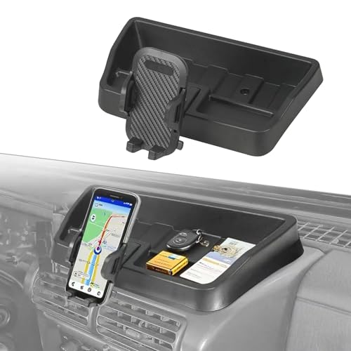 LIUQING TJ Phone Holder, Upgraded Phone Mount for 1997 1998 1999 2000 2001 2002 2003 2004 2005 2006 Jeep Wrangler TJ Accessories Dash Cellphone Mount with Storage Tray