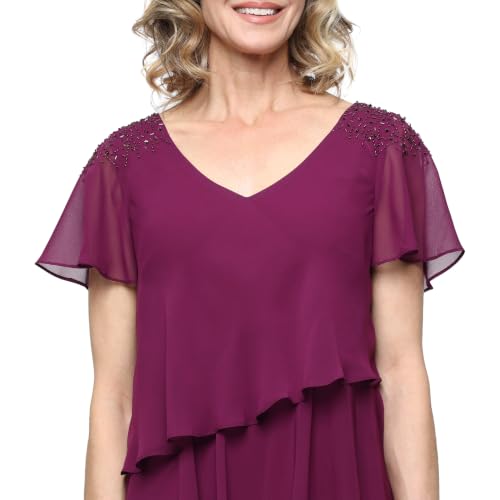 Image of S.L. Fashions Women's V-Neck Chiffon Cocktail Dress with Beaded Shoulders and Asymmetrical Tiers (Petite and Regular Sizes)