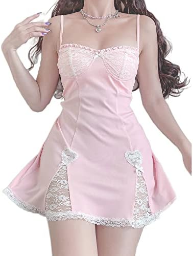 SumlenoWomens Fairycore Square Neck Dress Short Puff Sleeve A-Line Gyaru Kawaii Mini Dress Aesthetic Clothes Lace