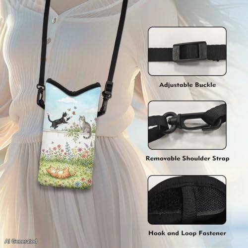 Image of Small Phone Bag Water-Resistant Crossbody Pouch with Adjustable Strap Cellphone Case Mini Satchel Fits Most Phones for Casual, Beach, Travel, Cartoon Cat Flower Blue Green