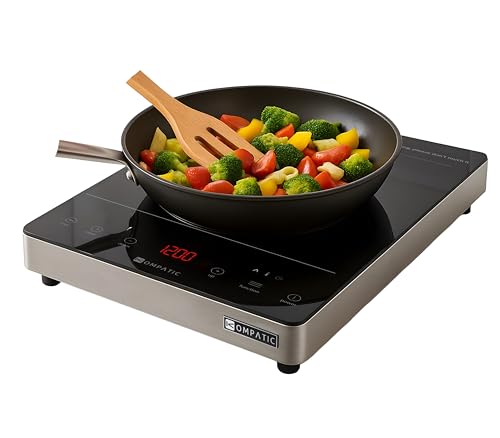 KOMPATIC KFE 20T Placa de Inducción Portátil, Cocina Eléctrica, 2000W, Acabado en Acero Inoxidable, 10 Niveles de Potencia, Temporizador, Bloqueo de Seguridad