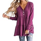 Women’s Boho Ruffle Blouse V Neck Long Sleeve Loose Tunic Tops Button Down Babydoll Shirts Red