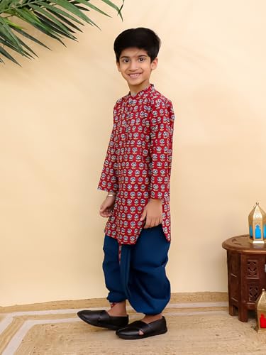 Image of The Mom Store Baby /Kids Boys Dhoti Kurta Set | Dhoti and Kurta | 100% Cotton | Comfortable | Ethnic | Festive Look | Block Prints | Colored Dhoti | Blue