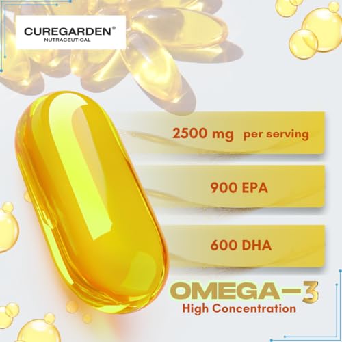Image of Curegarden Omega-3 Fish Oil Capsules 2500mg - Triple Strength with 900mg EPA, 600mg DHA - Vitamin D, E & K - Heart, Brain Health - Boost Immunity, Metabolism & Bone Health - 60 Softgels