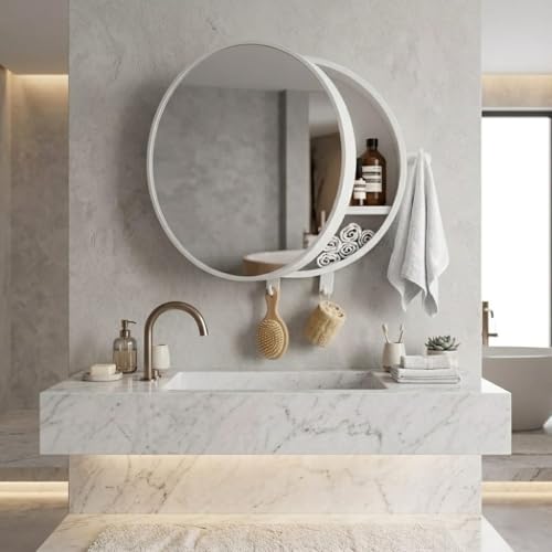 Image of CIPLA PLAST Pearl Round Bathroom Mirror Cabinet with Towel Holder & 2 Accessories Hooks | Wall-Mounted Modern Design Cabinet with Storage | Moisture Resistant Bathroom Organizer with Toothbrush Holder