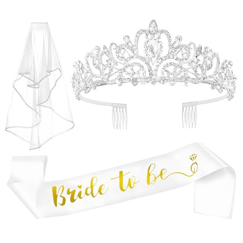 Bride To Be Schärpe Und Schleier,Jga Accessoires Frauen Junggesellenabschied Tiara,Bride To Be Deko, Jga Silber Bride Schärpe Krone Jga Für Bachelorette Party Accessories Polterabend Hochzeit,3 Stück