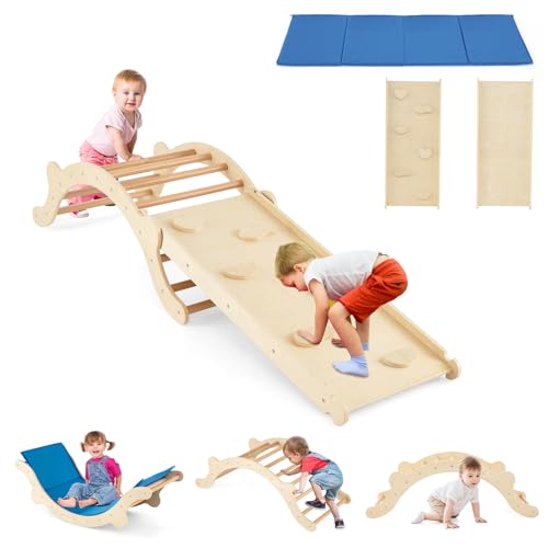 HOMASIS 3 en 1 Escalade Enfant d'Intérieur Montessori avec Toboggan, Triangle d'escalade de Pikler avec Rampe et Tapis Réversibles,Parcours Motricité pour...