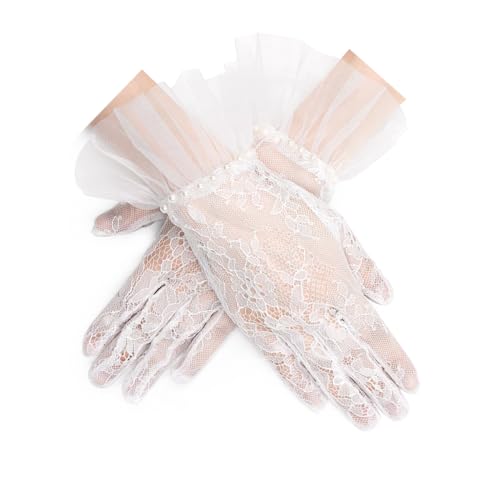 Long Keeper Lace Gloves for Women - Ladies Elegant Tulle Wedding Pearl Gloves Short Opera Tea Party Floral Bridal Gloves