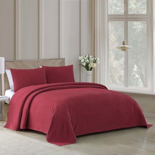 1 Piece Lightweight 100% Cotton Tufted Chenille Bedspread Queen Size Textured Channel Stripe Design | All Seasons Burgundy Maroon Color Shabby Chic Bedding Western Aesthetic Look Soft Plush Cozy