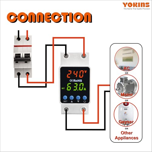 Image of YOKINS Advanced Adjustable Over & Under Voltage Protector Relay with Overcurrent Protection | 63A 230V DIN Rail Mounted | Auto Reconnect | Fast 0.1s Response | Home & Industrial Use (YD-VA4)